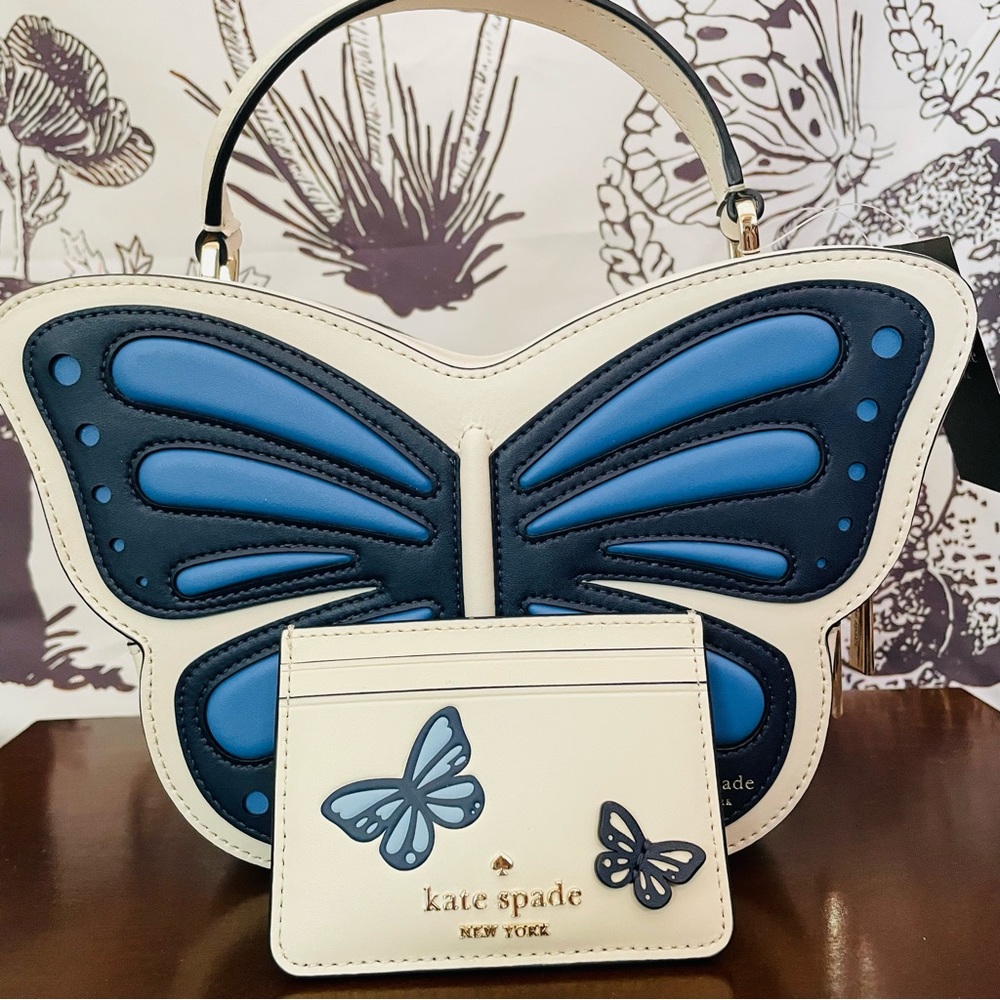 • NWT KATE SPADE FLUTTER FLY 3D BUTTERFLY CROSSBODY BLUE MULTI WHITE CARD HOLDER
